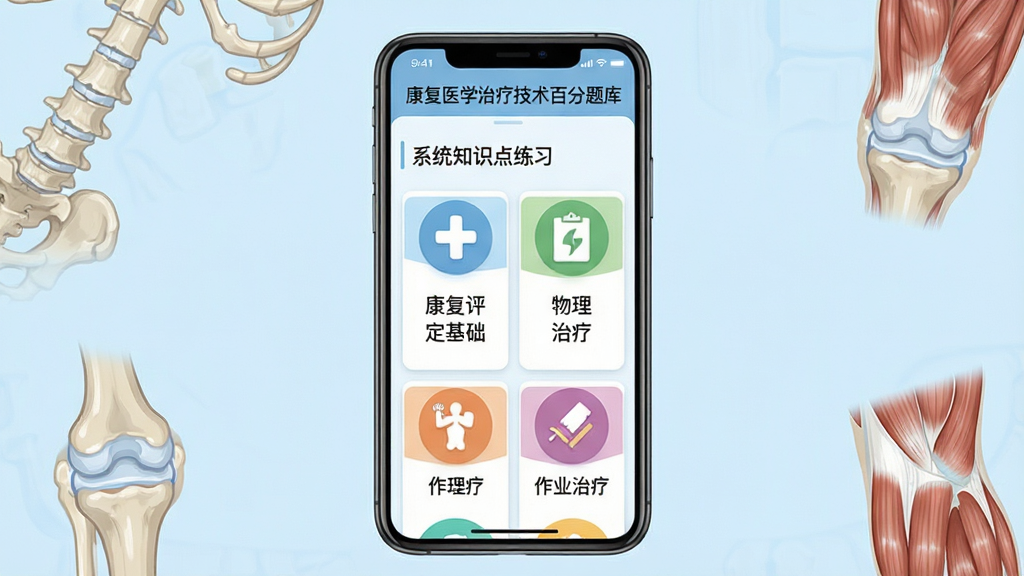 画面中展示一款名为“康复医学治疗技术百分题库”的手机应用详情页,界面上显示“系统知识点练习”板块,下方列出“康复评定基础”、“物理治疗”、“作业治疗”等多个章节卡片,每个卡片有不同颜色的图标,背景为淡蓝色,手机屏幕居中,四周点缀骨骼、关节、肌肉等医学元素,整体风格清爽简洁,画质清晰,干净无多余元素