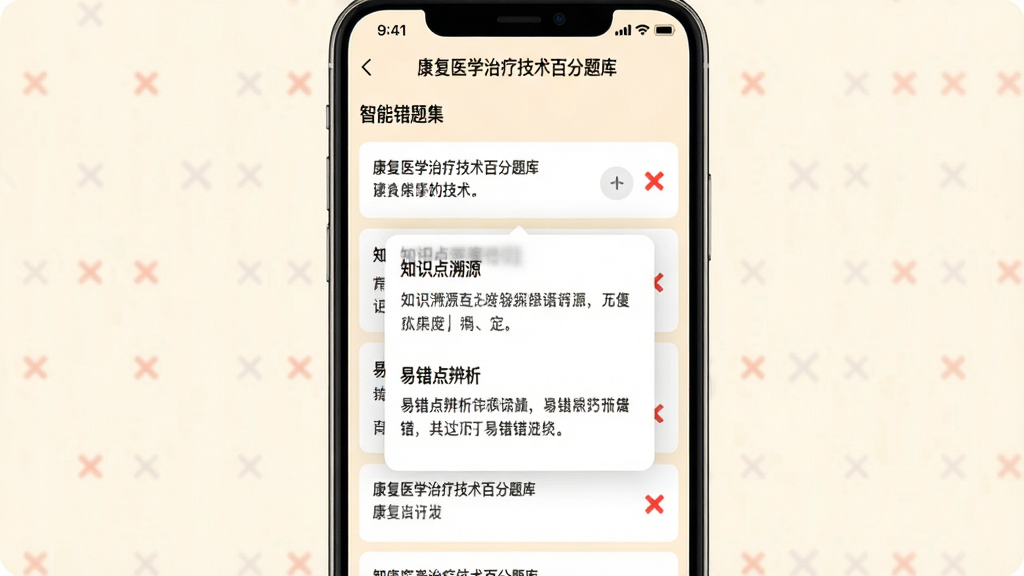 画面中展示一款名为“康复医学治疗技术百分题库”的手机应用界面,屏幕上显示“智能错题集”页面,列表中有几道错题,每道题右侧有红色叉号标记,点击一道题后弹出答案与解析弹窗,弹窗内包含“知识点溯源”和“易错点辨析”小标题,背景为暖白色,手机屏幕清晰,风格简洁明了,画质干净,无多余元素