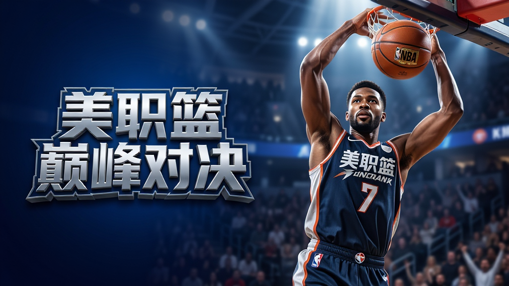 主体:一座宏伟的篮球场馆内,聚光灯下,一位身穿“美职篮巅峰对决”球衣的球员正腾空暴扣,动作舒展有力。布局:球员位于画面中央偏右,左侧留白处放置游戏LOGO“美职篮巅峰对决”字样。排版:LOGO采用立体金属质感,字体刚劲有力,背景为深蓝色渐变,衬托主体。风格:写实与CG结合,光影效果强烈,充满力量感。细节:球员面部清晰,球衣纹理可见,篮球上带有NBA标志,场馆观众席虚化。画质:8K超高清,干净,无多余元素。
