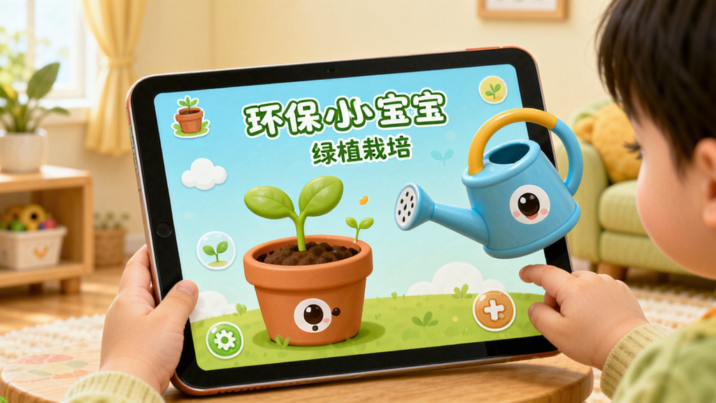 展示儿童在平板电脑上操作“环保小宝宝”绿植栽培场景的预览图,画面中有卡通花盆、浇水壶和正在发芽的小苗,背景是温馨的室内环境,文字标注“环保小宝宝 绿植栽培”,布局以操作界面为主体,色彩明快,细节丰富,画质细腻干净。