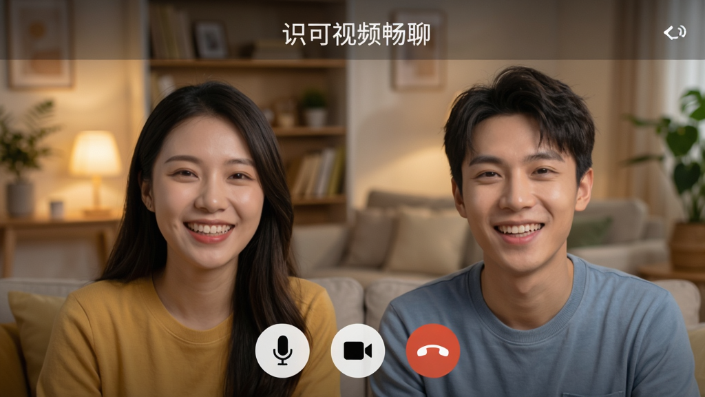识可视频聊天界面预览图,画面中两位年轻用户正在愉快地视频通话,屏幕上方显示“识可视频畅聊”字样,下方有麦克风、摄像头、挂断等控制按钮,背景为温馨的室内环境,画质清晰,色彩自然,干净无多余元素。