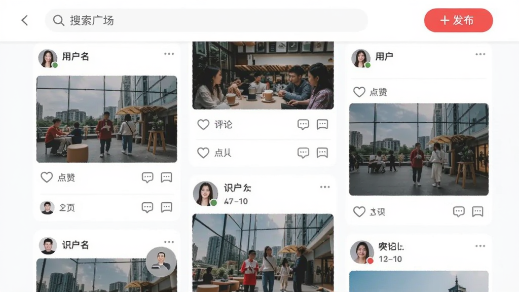 识可广场动态页面截图,页面以瀑布流形式展示用户发布的图文动态,每条动态下方有点赞、评论图标,顶部有搜索框和“发布”按钮,整体布局清晰,色调明亮,画质干净,无多余元素。