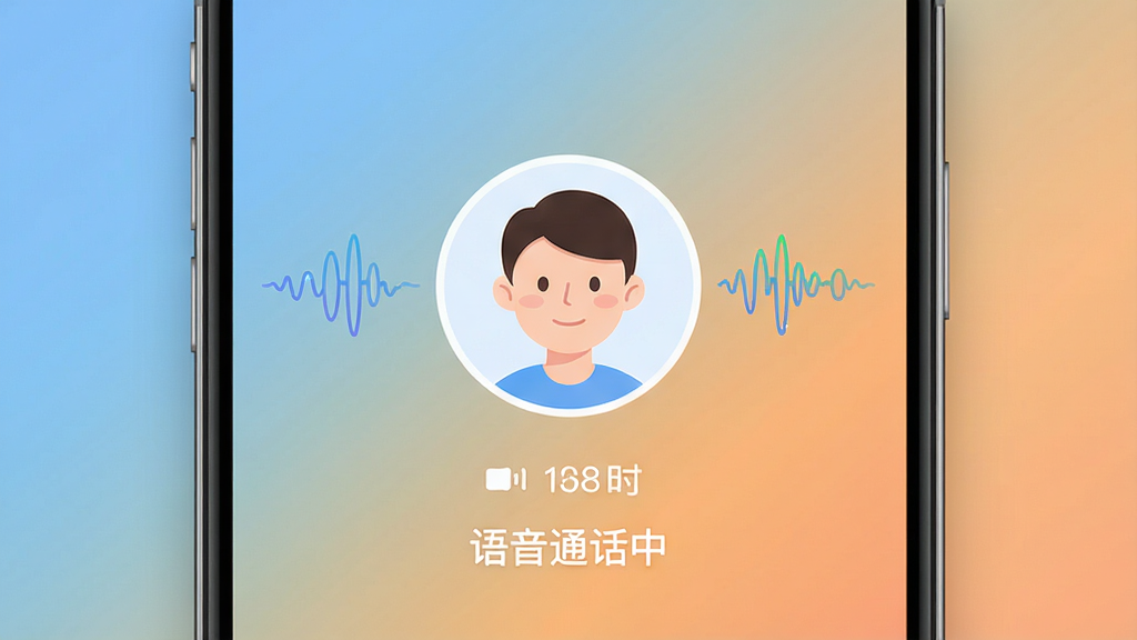 识可语音通话界面示意图,界面中央有一个圆形头像,周围环绕音量波动动画,下方显示通话时长和“语音通话中”文字,背景为简约的纯色渐变,整体风格柔和,画质干净,无多余元素。