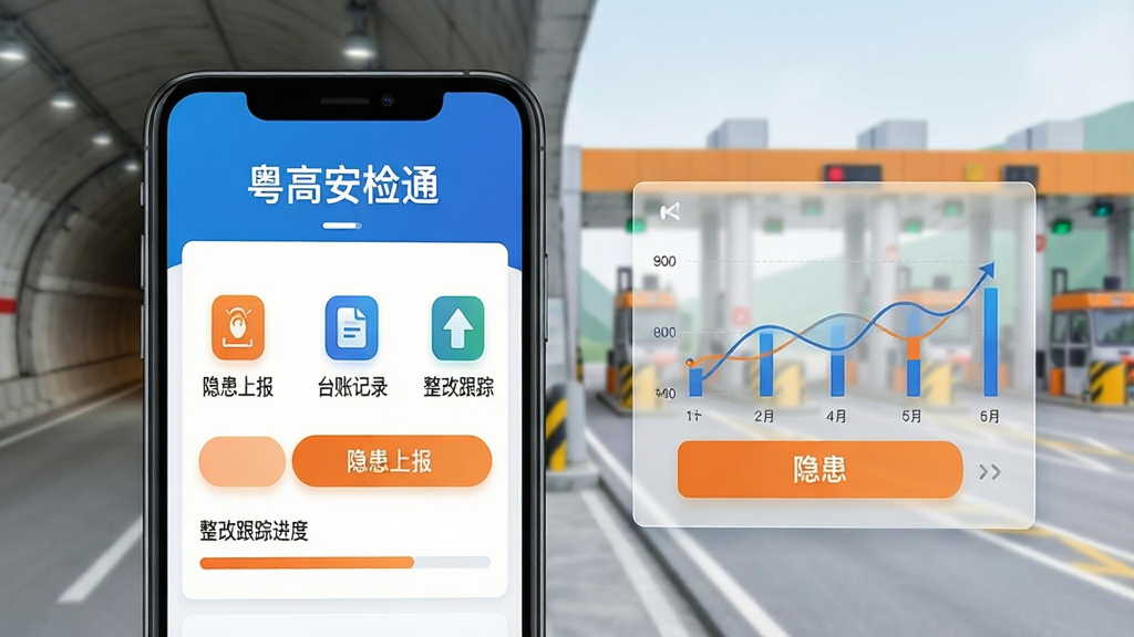 主体:粤高安检通软件界面展示,手机屏幕中显示公路巡检任务列表、隐患上报按钮和整改跟踪进度条,背景为简洁的公路隧道与收费站场景;布局:手机居中偏左,右侧配以半透明数据图表浮层,整体视线聚焦于界面核心功能;排版:上下结构,上方为软件名称“粤高安检通”字样,下方为功能图标排布;风格:现代扁平化,科技蓝与安全橙为主色调;细节:界面图标清晰,文字标注“隐患上报”“台账记录”“整改跟踪”,画质高清,干净,无多余元素。