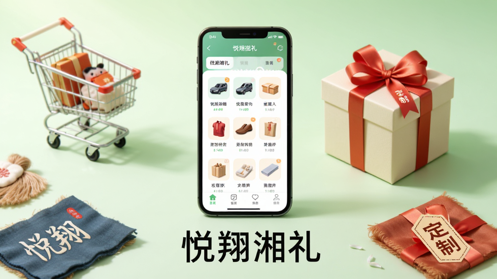 主体:展示“悦翔湘礼”APP的安装和使用场景,画面中手机屏幕显示APP首页,旁边有购物车和礼品盒。布局:手机位于画面中央,周围散落着几件文创产品。排版:手机屏幕内容清晰可见,下方有“悦翔湘礼”字样。风格:现代简洁,背景为浅绿色渐变。细节:手机屏幕中展示商品分类图标,礼品盒上有“定制”标签。画质:高清,明亮通透,无多余元素。