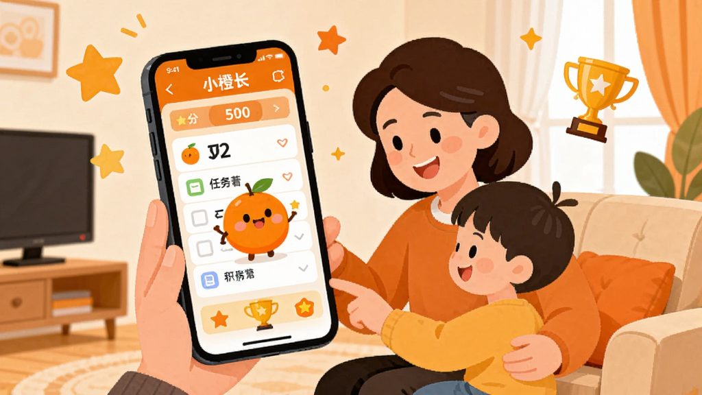 画面中心展示一个温馨明亮的家庭客厅场景,一位家长正微笑着与孩子一起使用手机上的
