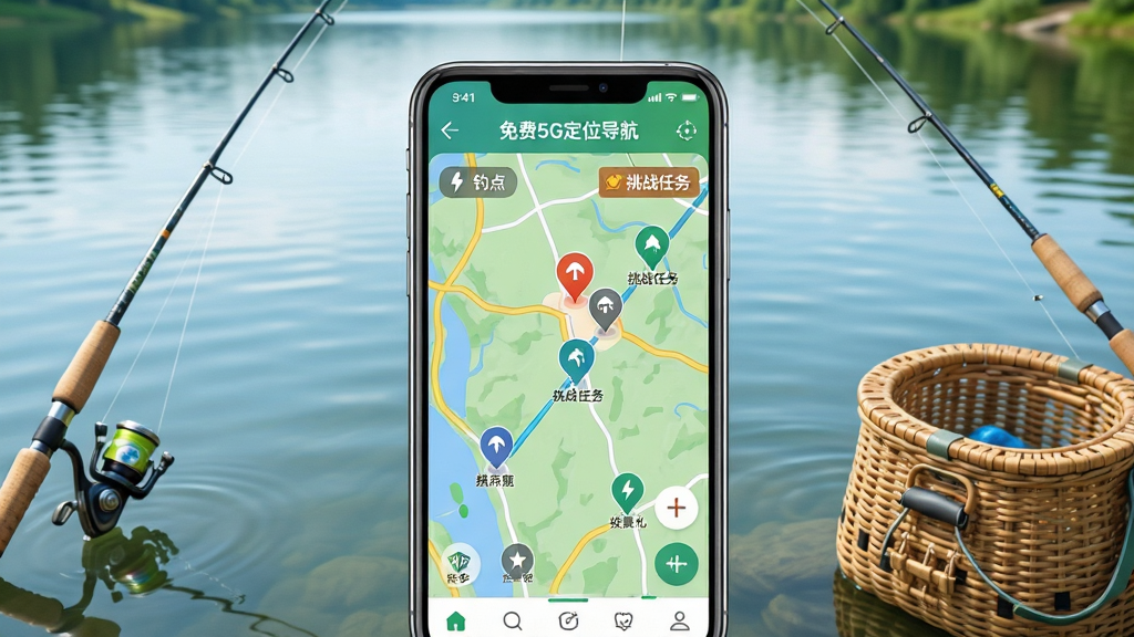 主体:一款名为“免费5G定位导航”的手机应用界面展示,屏幕中显示地图与钓点图标。布局:手机居中,屏幕内容清晰可见,周围有湖水、钓竿、鱼篓等钓鱼元素点缀。排版:整体画面平衡,手机屏幕作为视觉中心,元素环绕分布。风格:写实与科技感结合,色彩明亮自然。细节:地图上标注“钓点”“挑战任务”等字样,界面清晰,钓鱼场景生动。画质:高清渲染,干净无多余元素。