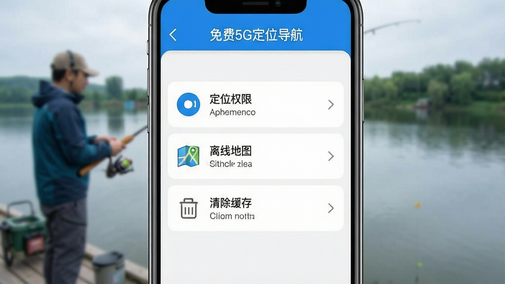主体:手机截图展示“免费5G定位导航”应用的设置界面,突出定位权限与离线地图选项。布局:屏幕中央显示设置列表,背景为模糊的钓鱼场景。排版:列表项清晰排列,图标与文字结合。风格:简洁实用,蓝白配色。细节:包含“定位权限”“离线地图”“清除缓存”等选项。画质:高清,干净无多余元素。