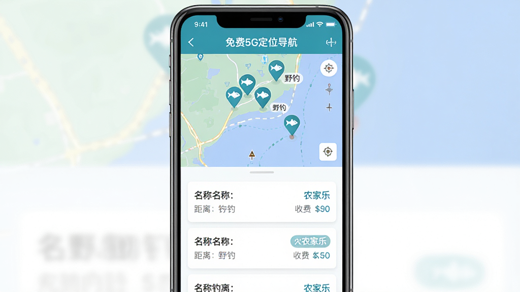 主体:手机应用“免费5G定位导航”的附近钓点列表页面,地图背景。布局:上半部分为地图,下半部分为钓点卡片列表,每个卡片显示名称、距离、收费。排版:信息层级分明,地图与列表比例协调。风格:简约现代,蓝绿色调为主。细节:地图上多个鱼形图钉标记,卡片上标注“野钓”“农家乐”字样。画质:高清,干净无多余元素。