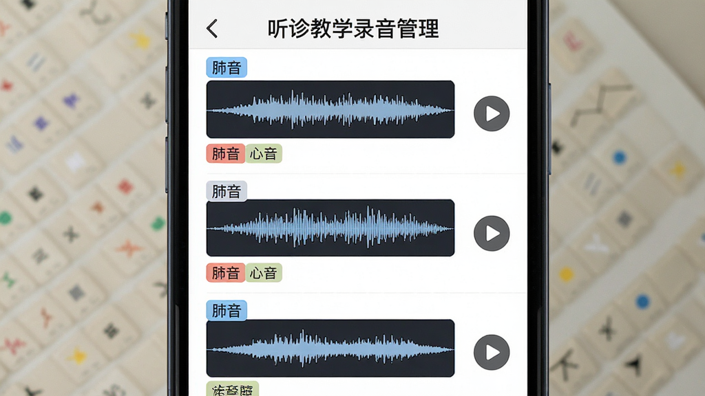 主体为手机界面展示录音文件列表,每条录音带有波形图和标签标记,布局采用列表式排版,风格扁平化UI设计,细节包括
