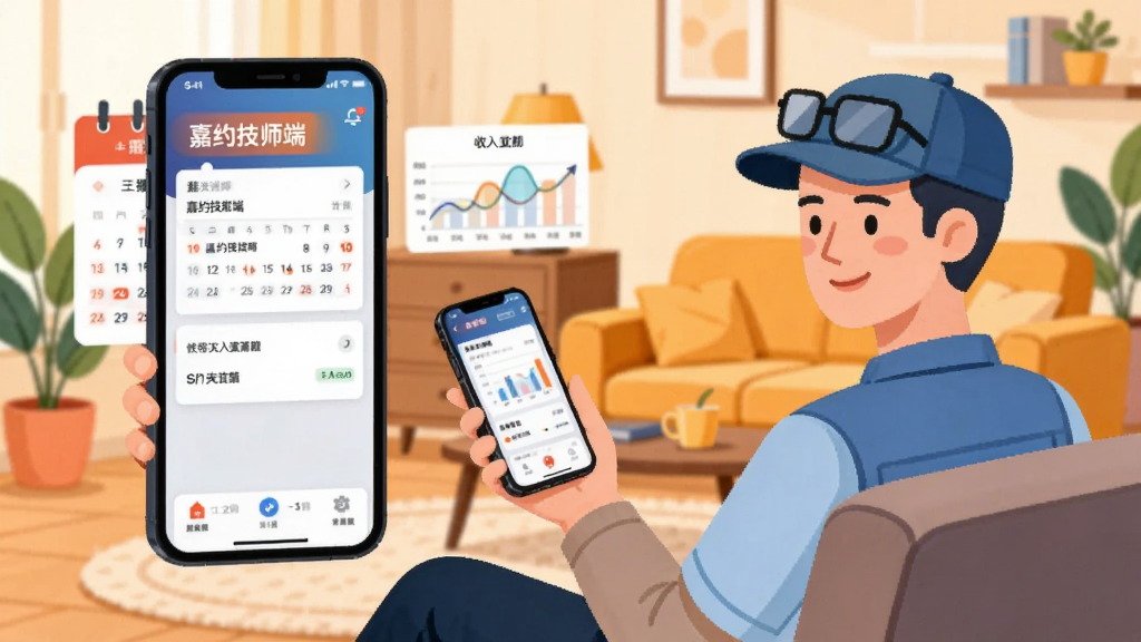 展示嘉约技师端使用场景的插画,一位技师坐在沙发上手持手机查看订单,手机屏幕放大显示“嘉约技师端”主界面,旁边有日历和收入图表元素,背景是温馨的客厅,整体风格扁平化,色彩明快,构图主体突出,画质干净,无多余元素