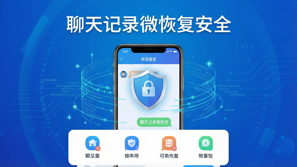 主体:手机屏幕显示聊天记录恢复界面,背景为蓝色科技感渐变,中间有盾牌图标保护聊天记录。布局:中央构图,手机模型位于画面中心,周围环绕数据流线条。排版:简洁大气,标题“聊天记录微恢复安全”置于顶部,下方为功能图标排列。风格:现代扁平化设计,色彩明亮,细节丰富。画质:高清,干净,无多余元素,突出软件安全可靠的特性。