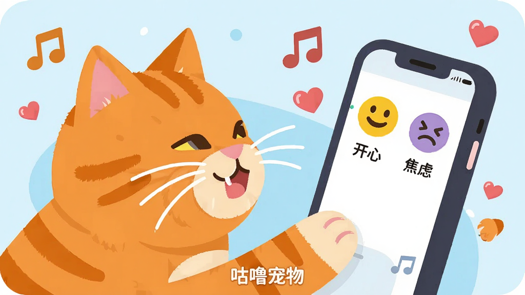 图片主体为一只橘猫对着手机屏幕上的情绪分析界面喵叫,屏幕中显示“开心”与“焦虑”两个表情图标,周围散布着音符和心形符号。布局为侧视角特写,猫咪位于画面左侧,手机位于右侧。风格为扁平化矢量插画风格,色彩明快活泼。细节上突出猫咪胡须和手机界面的圆润线条。画质干净清晰,无多余元素,底部标注“咕噜宠物”字样。