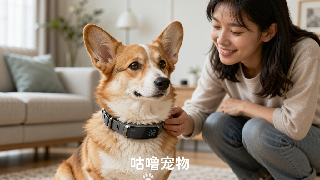 画面主体为一只佩戴着智能项圈的柯基犬和一位微笑着蹲下轻抚它的年轻女性主人,两者处于温馨明亮的现代客厅环境中。布局采用中心构图,人物与宠物占据画面黄金分割点,背景虚化以突出主体。整体风格为写实摄影风格,光线柔和自然,细节上清晰展现项圈的精致质感与宠物毛发的根根分明。画质高清,干净无多余元素,画面中浮现简洁的白色艺术字“咕噜宠物”。