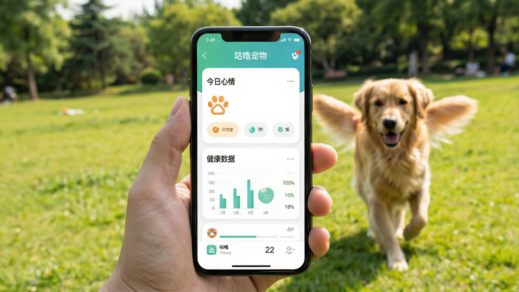 一张竖版手机使用场景照片,画面中一只手拿着手机,手机屏幕显示咕噜宠物APP首页,上面有清晰的“今日心情”和“健康数据”卡片。背景是阳光明媚的公园草地,有一只金毛犬在奔跑。布局为手持视角,手机屏幕明亮清晰。风格为写实生活照,光线自然,细节丰富。画质高清,干净无多余元素,手机屏幕上方有“咕噜宠物”应用名称。