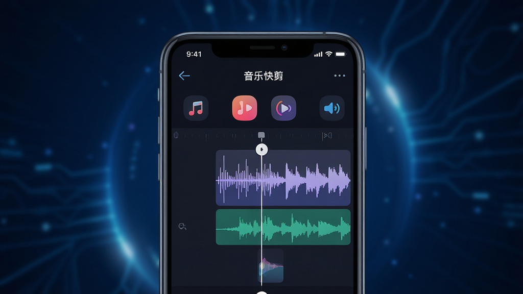 高清数字艺术风格,前景展示一部智能手机,屏幕中运行着“音乐快剪”APP界面,界面显示波形编辑轨道和多个功能图标,背景为深蓝色科技感光效,光线柔和,构图居中,UI界面元素清晰可辨,画质细腻,干净无多余元素