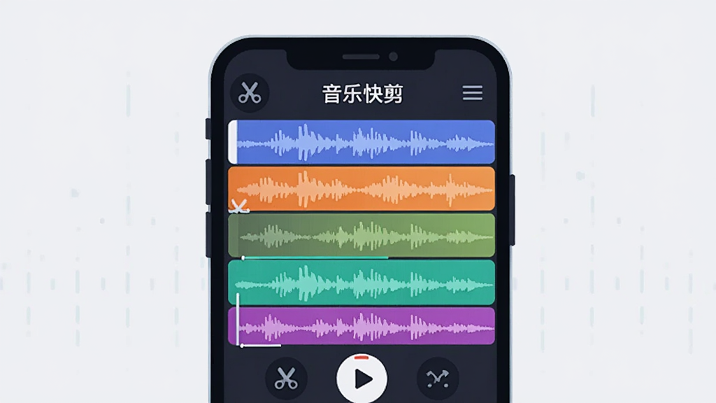 扁平化插画风格,画面中央是一部手机,屏幕显示“音乐快剪”的音频剪辑界面,多条彩色音轨上下排列,波形图清晰,界面有剪刀图标和播放按钮,背景为浅灰色,整体简洁明亮,强调功能图标,画质清晰,无多余元素