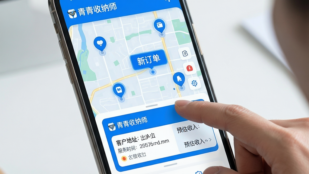 主体:手机屏幕展示“青青收纳师”的智能订单匹配界面,地图上显示多个订单点,其中一个高亮显示“新订单”,收纳师手指点击接单。布局:手机居中,地图背景,订单卡片在下方。排版:清晰展示订单详情和距离。风格:科技感UI设计,蓝色调为主。细节:订单卡片上有“青青收纳师”字样,包含客户地址、服务时间、预估收入。画质:高清,干净,无多余元素。