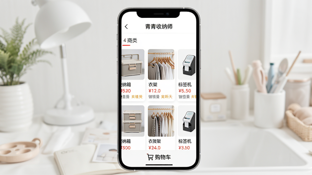 主体:手机屏幕展示“青青收纳师”的商城页面,分类有“收纳箱”、“衣架”、“标签机”,商品卡片排列整齐,底部有“购物车”图标。布局:手机居中,商品网格展示。排版:电商风格,价格和销量清晰。风格:简洁明亮。细节:屏幕顶部有“青青收纳师”字样,商品图片为实物拍摄。画质:高清,干净,无多余元素。