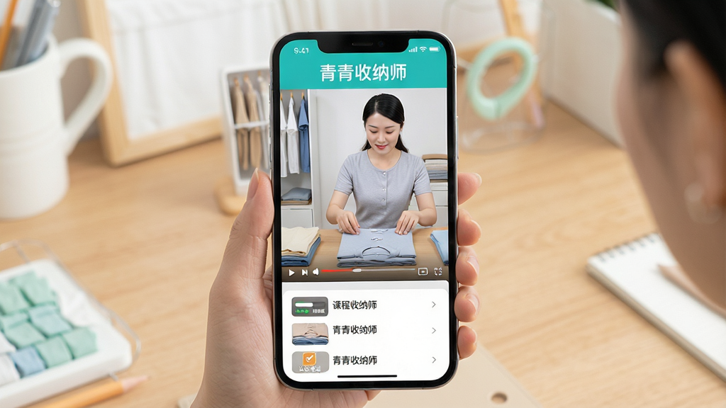 主体:收纳师在手机上观看“青青收纳师”内置的收纳教学视频,视频中展示衣物折叠技巧,屏幕角落有“课程进度”和“认证考试”图标。布局:手机屏幕居中,视频画面清晰,背景是书桌。排版:视频播放界面,下方有课程列表。风格:教育风格,明亮色调。细节:手机屏幕上有“青青收纳师”字样,视频内老师正在示范折叠T恤。画质:高清,干净,无多余元素。