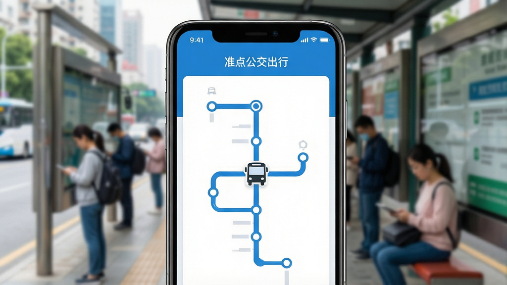 一张智能手机屏幕的特写,屏幕正中央显示“准点公交出行”APP的界面,采用极简的蓝白配色,主界面展示着一条清晰的公交线路图,图上分布着数个站点圆点,其中一辆小公交车图标正行驶在线路中间。背景是虚化处理的繁忙城市公交站台,有乘客在候车。画面风格写实且明亮,突出APP界面的清晰与易用性。主体为手机与APP界面,布局居中构图,排版干净,细节丰富,画质高清,干净无多余元素。
