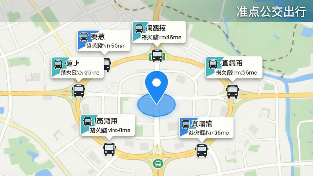 一幅以地图为背景的界面截图,地图中央有一个醒目的蓝色定位圆点,其周围分布着数个公交站台的小图标,图标上方弹出小标签,标注着站台名称与途径线路。界面右上角有“准点公交出行”的软件名称。整体风格写实,地图渲染清晰,信息标注醒目,布局合理,画质高清,突出周边发现功能的实用性与精准性,干净无多余元素。