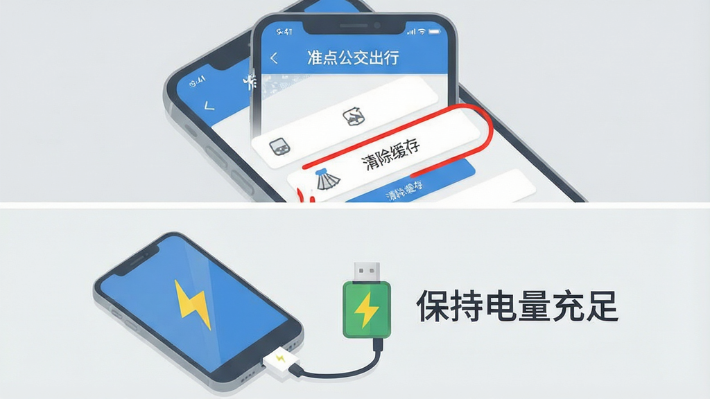 一张分步操作示意图,画面分为上下两个部分。上半部分是一个手机屏幕,显示“准点公交出行”的设置页面,带有“清除缓存”的选项红框高亮。下半部分是一个手机连接着数据线的充电图标,旁边标注着“保持电量充足”。整体风格为简洁的扁平化插画,配色以浅灰和蓝色为主,布局清晰,旨在直观展示问题解决的步骤。画质干净,细节明了,无多余元素。