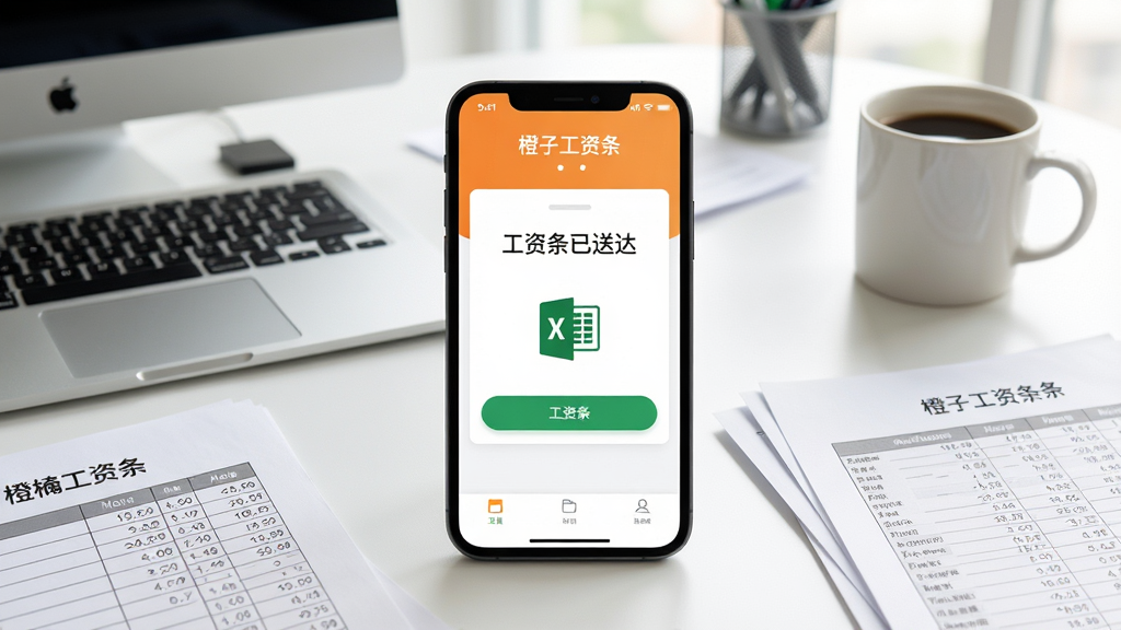 主体:橙子工资条App界面在手机上展示,背景是办公桌。布局:手机居中,周围有电脑、文件、咖啡杯。排版:界面清晰显示“工资条已送达”提示和Excel导入图标。风格:写实商业风格,明亮通透。细节:手机屏幕上有“橙子工资条”字样和绿色主色调按钮,文件上有工资表数据。画质:高清,干净,无多余元素。