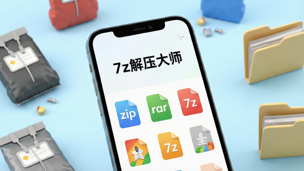 һ�Ÿ���������ֻ���Ļ��д���ֻ���Ļ��������ʾ7z��ѹ��ʦ��Ӧ�ý��棬���������������Ϸ��С�7z��ѹ��ʦ�����������·�������zip��rar��7z�Ȳ�ɫ�ļ�ͼ�꣬�ֻ���Χɢ���ż���ѹ�������ļ��е�3Dģ�ͣ�����Ϊ�ɾ���ǳ��ɫ���䣬���岼������������ϸ�壬�ɾ��޶���Ԫ��