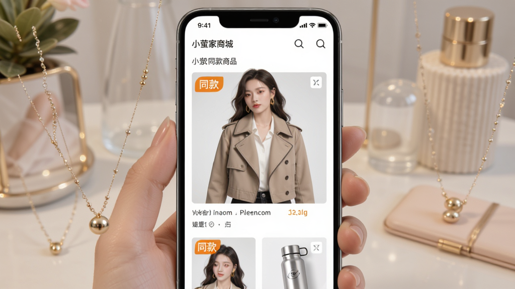 小萤家商城商品展示,手机屏幕中显示短剧同款商品,如外套、项链、水杯,标注“同款”标签,主体居中,布局美观,风格时尚,细节精致,画质清晰