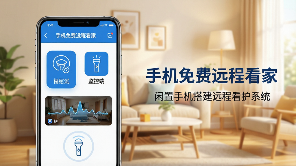 主体:一部智能手机屏幕显示“手机免费远程看家”应用主界面,界面清晰展示摄像头端与监控端两个选项图标,背景为温馨的客厅环境。布局:手机居中偏左,右侧留白放置应用名称文字“手机免费远程看家”及其副标题“闲置手机搭建远程看护系统”。排版:界面元素排列整齐,功能图标采用简洁线性风格,色彩以蓝白为主。风格:现代扁平化设计,画面明亮干净,突出科技感与家庭温馨感。细节:手机屏幕内展示实时监控画面缩略图、分贝检测波形图、手电筒图标,所有文字清晰可读。画质:4K超清,干净无多余元素。