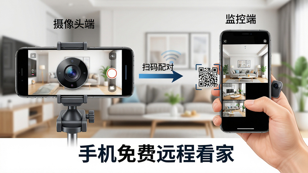 主体:两部智能手机并排放置,左边一部标记为“摄像头端”固定在支架上,屏幕显示正在录像;右边一部标记为“监控端”握在手中,屏幕显示实时画面。布局:左右对称构图,中间用箭头连接,箭头旁文字“扫码配对”。排版:画面下方有“手机免费远程看家”字样,字体清晰。风格:写实与插画结合,色彩明亮,突出功能对比。细节:摄像头端手机背面有摄像头特写,监控端屏幕中有多个监控画面缩略图,背景为现代家居环境。画质:高分辨率,干净无多余元素。