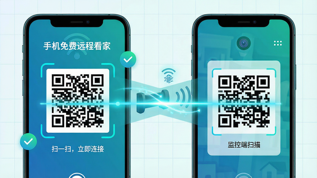 主体:手机屏幕特写,显示“手机免费远程看家”二维码配对界面,摄像头端生成二维码,监控端扫描。布局:画面左侧为摄像头端手机,右侧为监控端手机,中间有扫描线动画。排版:界面简洁,二维码居中,下方文字“扫一扫,立即连接”。风格:科技感插画,蓝绿色调,背景为淡色网格。细节:二维码清晰可辨,扫描线带有动态光效,周围有连接成功提示图标。画质:高清晰度,干净无多余元素。