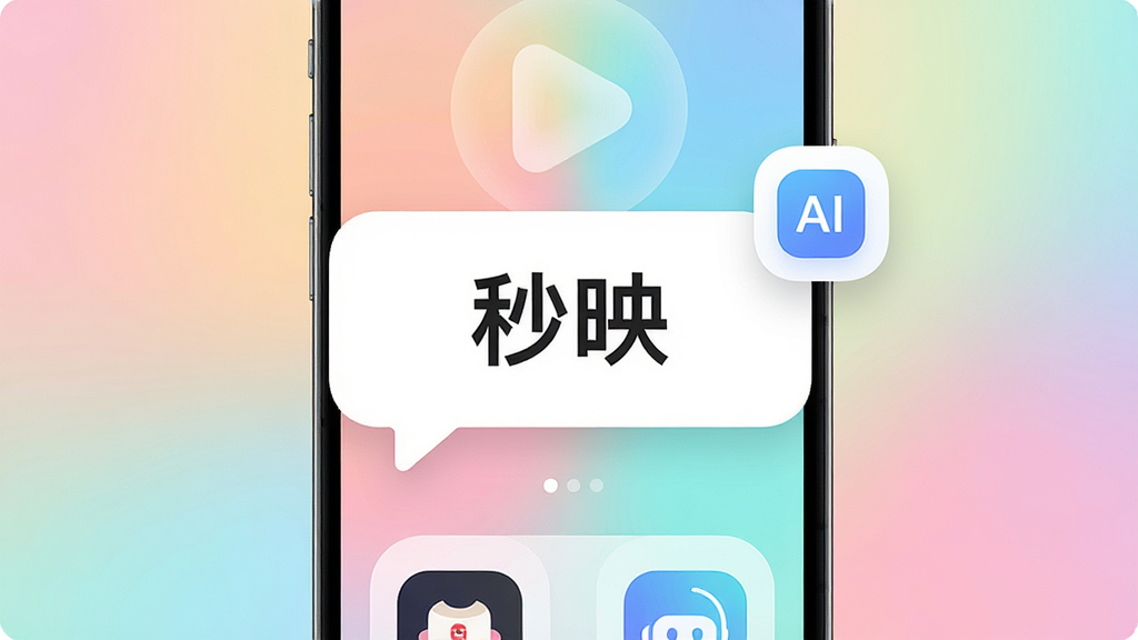 一张展示秒映App主界面的手机截图,屏幕中央有一个醒目的对话框,旁边悬浮着AI助手图标,背景是色彩柔和的渐变底色,界面布局清晰,图标圆润,文字标注“秒映”二字,画质高清,干净无多余元素