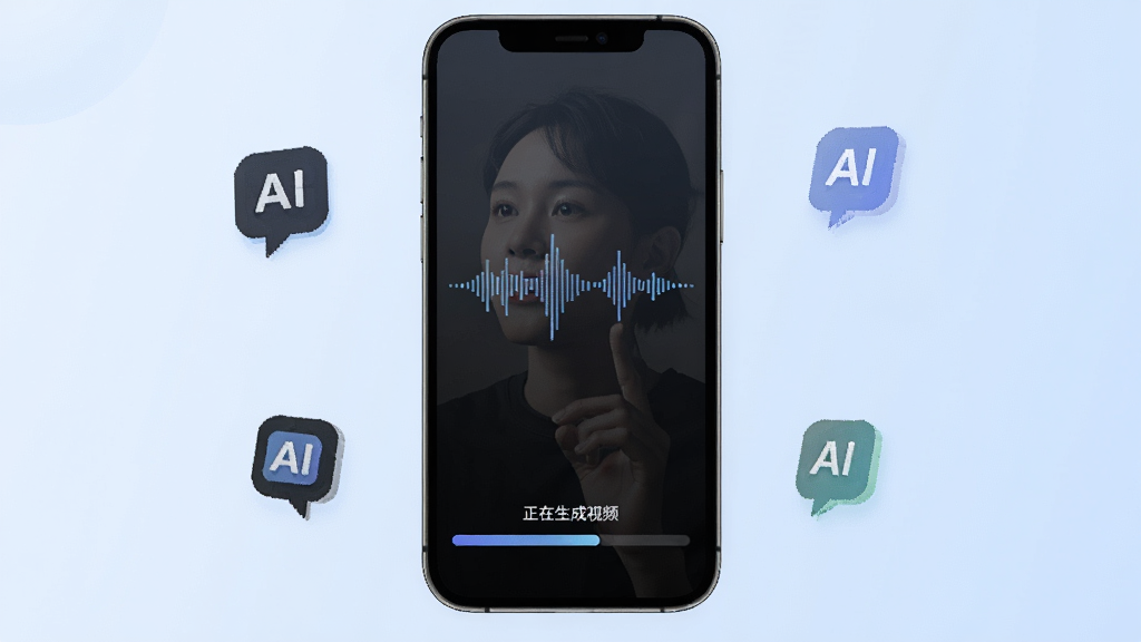 展示秒映App的语音输入界面,用户正在对着手机说话,屏幕上有波形动画和“正在生成视频”的进度条,界面简洁,周围有悬浮的AI图标,背景为浅蓝色渐变,画质高清干净