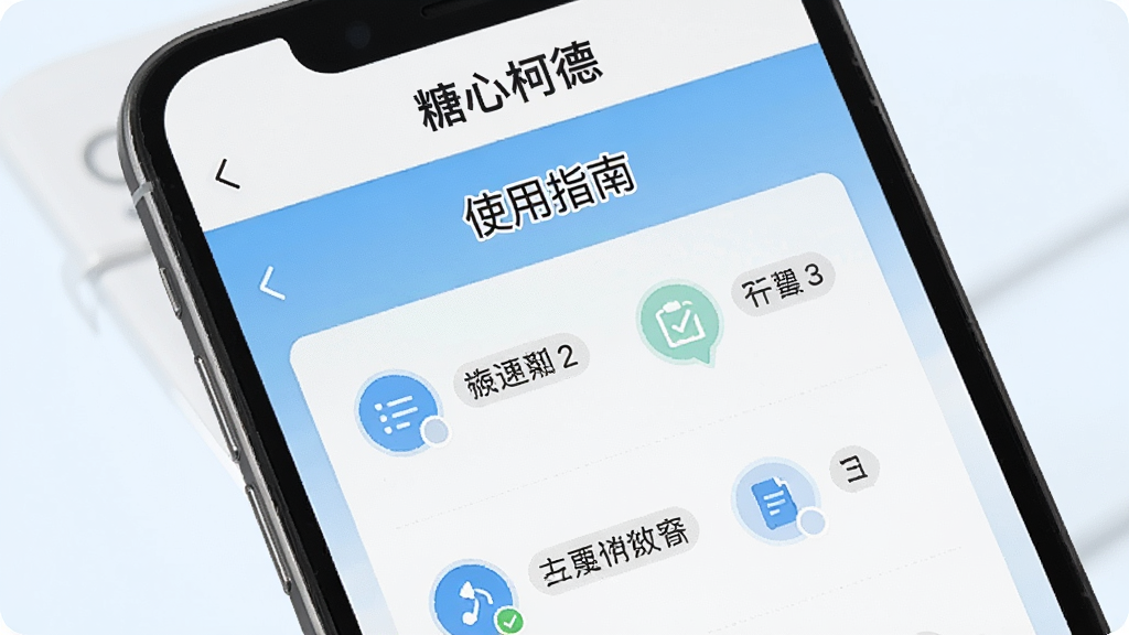 画面主体为手机屏幕显示糖心柯德APP的“使用指南”页面,背景为浅色,配以步骤图标,风格简洁,突出“指南”属性,画质干净,无多余元素,屏幕上方有“糖心柯德”字样,细节丰富,排版清晰。