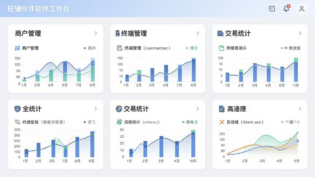 旺铺伙伴软件的工作台界面,主体为功能面板布局,展示商户管理、终端管理、交易统计等模块卡片,排版采用宫格设计,风格清新简洁,细节包含数据图表元素,画质清晰,干净,无多余元素