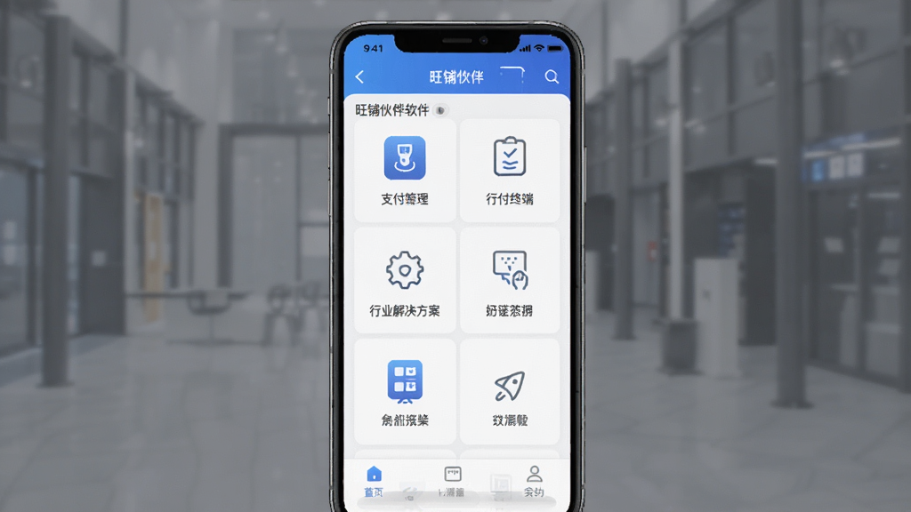 一张展示旺铺伙伴软件核心功能的界面截图,主体为手机端APP界面,布局清晰展示功能模块列表,排版简洁现代,风格偏向商务科技感,细节包括支付终端管理、行业解决方案等图标,画质高清,干净,无多余元素