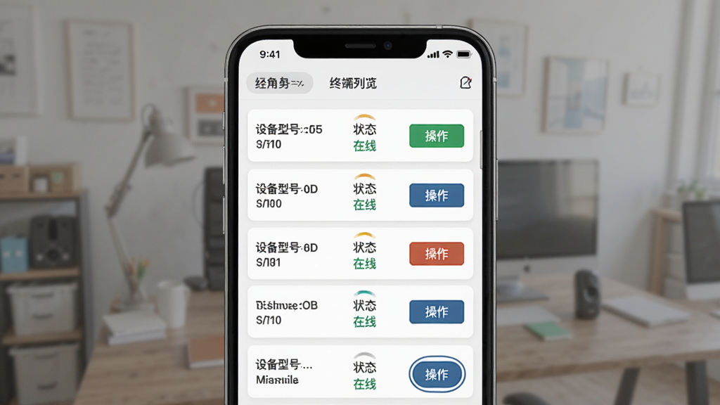 旺铺伙伴终端管理功能预览图,主体为手机界面显示终端列表,布局为列表样式,每项包含设备型号、状态、操作按钮,排版规整,风格务实,细节突出设备在线或离线状态标识,画质高清,干净,无多余元素