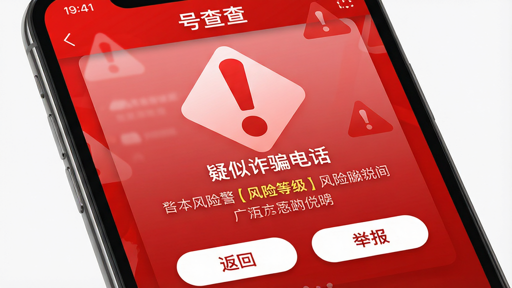 主体:手机屏幕展示“号查查”的风险预警页面,背景为醒目的红色警示色。布局:屏幕中央显示一个巨大的红色感叹号图标,下方标注“疑似诈骗电话”,并给出风险等级和简要说明。排版:警示信息居中显示,按钮清晰。风格:警示风格,视觉冲击力强。细节:红色渐变背景,白色文字,按钮为“返回”和“举报”。画质:高清渲染,干净,无多余元素。