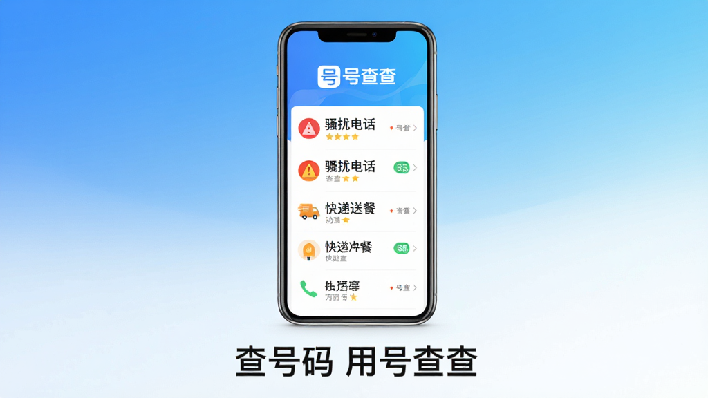 主体:一部智能手机屏幕正显示“号查查”应用的号码查询结果界面,背景为简洁的蓝白渐变色。布局:手机居中,屏幕内容清晰可见,上方显示“号查查”品牌标识,中间列出几个号码及其标记状态(如“骚扰电话”、“快递送餐”)。排版:手机下方配以简洁的说明文字“查号码 用号查查”,整体排版干净。风格:现代、扁平化、科技感,色彩明亮。细节:手机外壳为金属质感,界面图标精致,文字清晰。画质:高清渲染,干净,无多余元素。