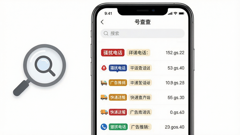 主体:一张放大的手机应用界面截图展示“号查查”的查询结果页,上面用不同颜色标签显示“骚扰电话”、“广告推销”、“快递送餐”等标记。布局:截图居中,四周留白,左侧配有关键词图标放大镜。排版:界面顶部为搜索框,下方以列表形式清晰排列各平台标记数据,颜色区分明显。风格:简洁直观,信息层级分明。细节:每个标记标签旁有对应平台的小logo,数据条理清晰。画质:高清,干净,无多余元素。
