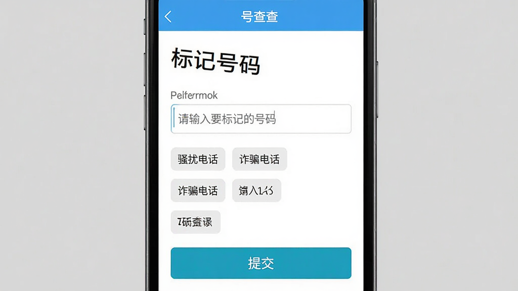主体:手机界面显示“号查查”的“号码标记”页面,页面中有表单和提交按钮。布局:手机居中,屏幕内上方为“标记号码”标题,下方为输入框和选择标签的选项,底部为“提交”按钮。排版:表单元素排列整齐,提示文字清晰。风格:简洁实用,操作引导明确。细节:输入框有占位文字“请输入要标记的号码”,标签选项为“骚扰电话”、“诈骗电话”等。画质:高清,干净,无多余元素。