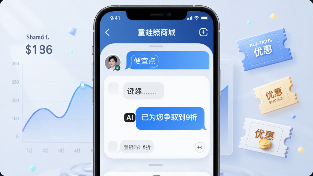 童蛙商城AI议价功能演示图,手机界面显示AI对话窗口,用户输入“便宜点”后,AI回复“已为您争取到9折”,背景有价格曲线和优惠券图标,布局居中,排版清晰,风格科技感,细节丰富,画质高清,干净无多余元素