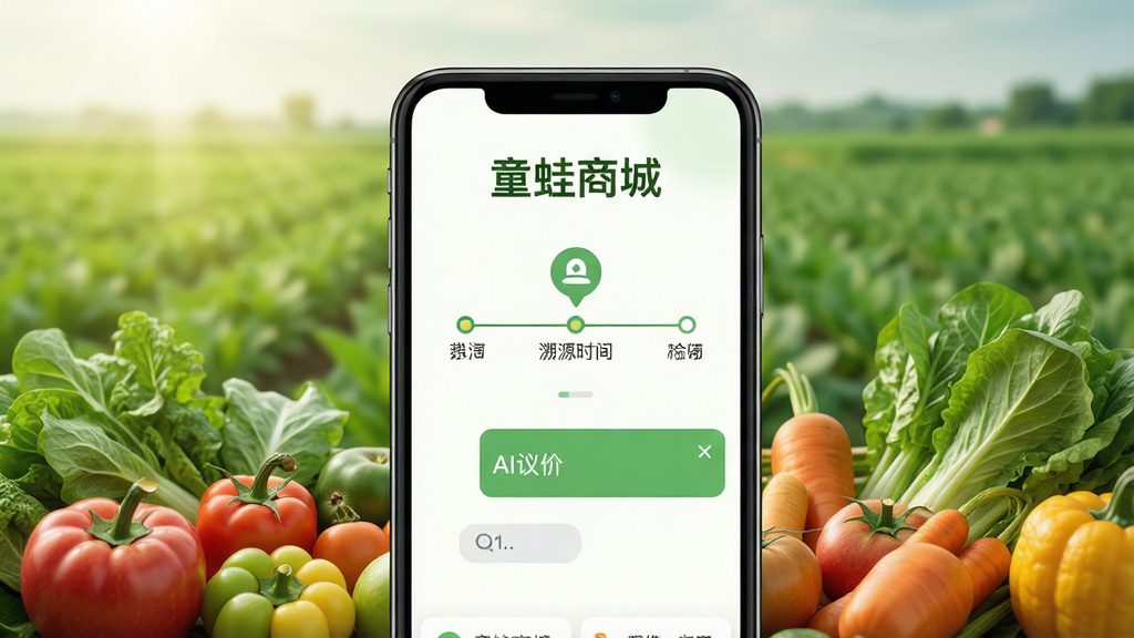 童蛙商城农产品购物应用主视觉图,画面中央是手机界面展示,背景为绿色田野与新鲜蔬果,界面中显示“童蛙商城”字样、溯源时间线图标、AI议价对话框,布局清晰,排版简洁,风格清新自然,细节丰富,画质高清,干净无多余元素