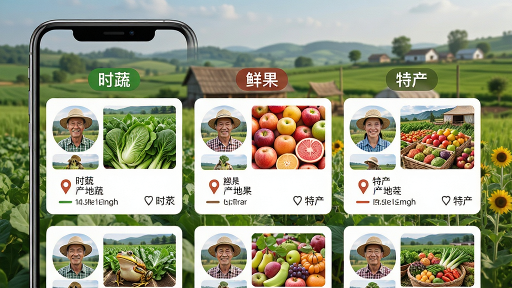 童蛙商城产地直供功能预览图,展示手机屏幕上多个农产品卡片,包含“时蔬”、“鲜果”、“特产”分类标签,卡片上有产地农户头像和地理坐标,背景为自然田园风光,布局整齐,排版清晰,风格写实,细节丰富,画质高清,干净无多余元素