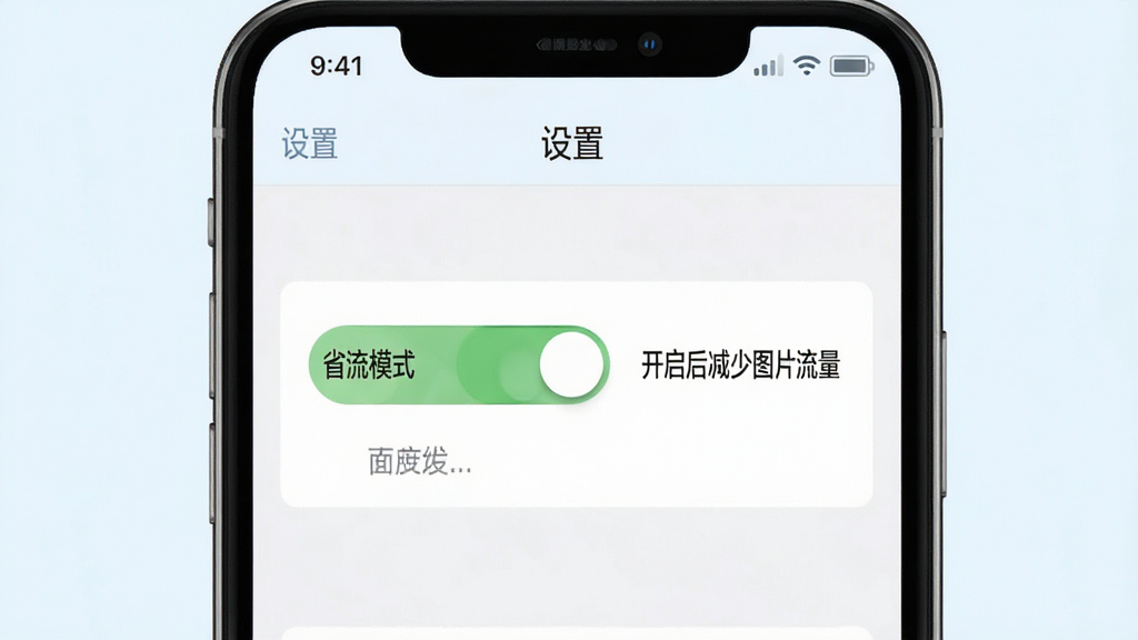 童蛙商城使用教程示意图,手机界面显示“设置”中的“省流模式”开关,旁边有文字说明“开启后减少图片流量”,背景为浅色,布局居中,排版清晰,风格简约,细节干净,画质高清,无多余元素