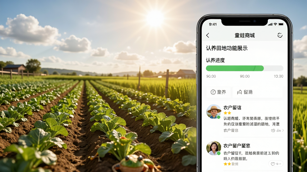童蛙商城认养田地功能展示图,画面左侧是田地实景照片,右侧是手机界面显示认养进度条和农户留言,背景有阳光和白云,布局左右分栏,排版清爽,风格温馨,细节丰富,画质高清,干净无多余元素