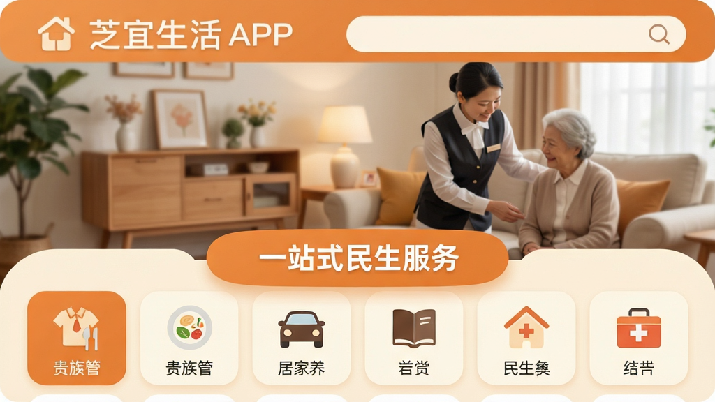 主体:芝宜生活APP主界面,展示“贵族管家”和“居家养老”两大模块,背景为温馨的家庭客厅场景,一位管家正在为老人提供服务;布局:界面上下结构,上方为APP名称与搜索栏,下方为功能图标矩阵,中心位置突出“一站式民生服务”字样;排版:简洁明快的扁平化设计,功能卡片圆角排列,色彩以暖橙和米白为主;风格:现代生活服务类APP界面风格,画面干净明亮;细节:图标包含衣物、餐盘、汽车、书本、医疗箱等元素,每个卡片下方有中文标签;画质:高清渲染,干净,无多余元素。