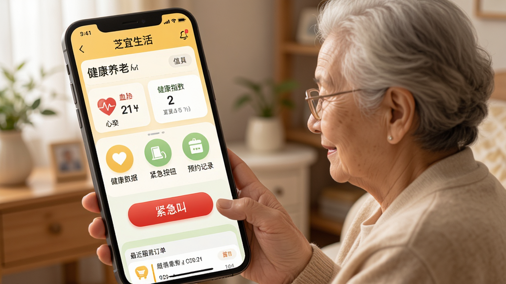 主体:芝宜生活APP“居家养老”服务页面,展示一位老人在家中使用手机呼叫服务的场景,界面有健康数据、紧急按钮和预约记录;布局:页面顶部为老人基本信息与健康指数,中部为服务功能图标,底部为最近服务订单;排版:大字体、大图标设计,方便老年用户操作,色彩以暖黄色和浅绿色为主;风格:温馨、关怀的适老化界面风格;细节:健康数据包含心率、血压图标,紧急按钮为红色醒目位置;画质:高清柔和画质,干净,无多余元素。
